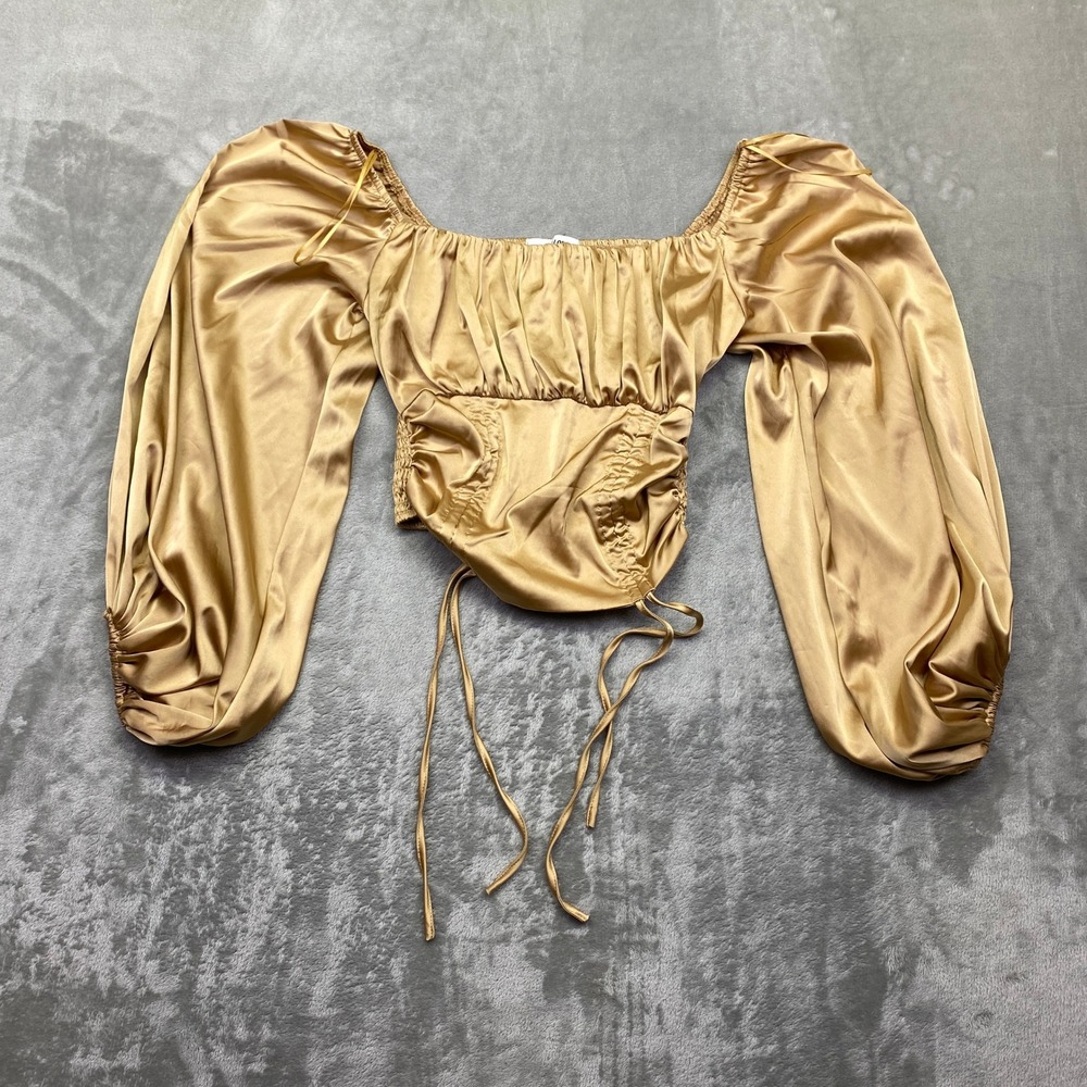 MISS LOLA Satin Ruched Square Neck Long Sleeve Crop Top Gold Size S Medieval